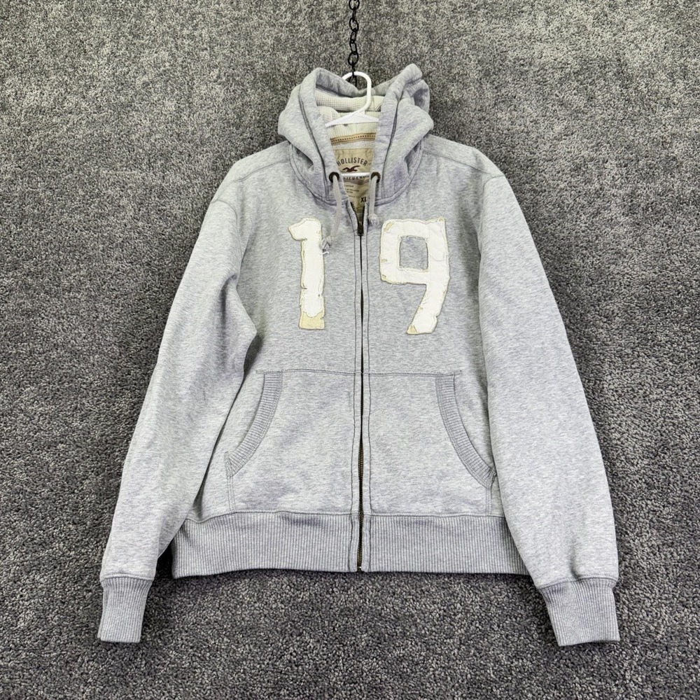 Hollister Hoodie Mens XL Gray Sherpa Lined Fleece Full Zip 19 Graphic Casual
